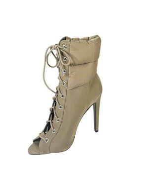 Qupid Interest-172 Women Khaki Nylon Pu Peep Toe Lace-Up Ankle Boot Heels